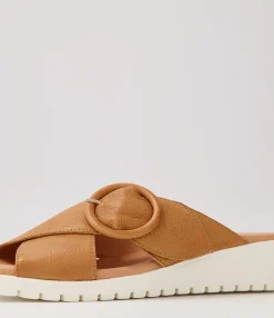 Clearance Midas Shoes Milli Dark Tan Leather Slides Ws