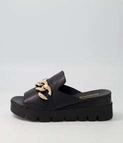 Sale Midas Shoes Razzy Black Leather Slides