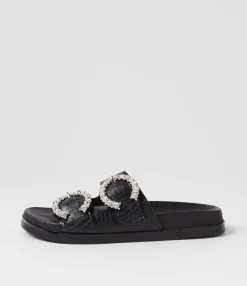 Sale Midas Shoes Renny Black Croc Leather Slides