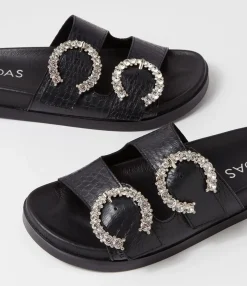 Sale Midas Shoes Renny Black Croc Leather Slides