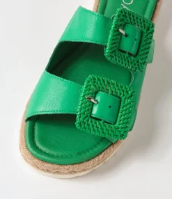 Clearance Midas Shoes Singe Bright Emerald Leather Buckle Slides