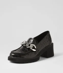 Discount Midas Shoes Zuzu Black Croc Leather Heels