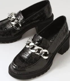 Discount Midas Shoes Zuzu Black Croc Leather Heels